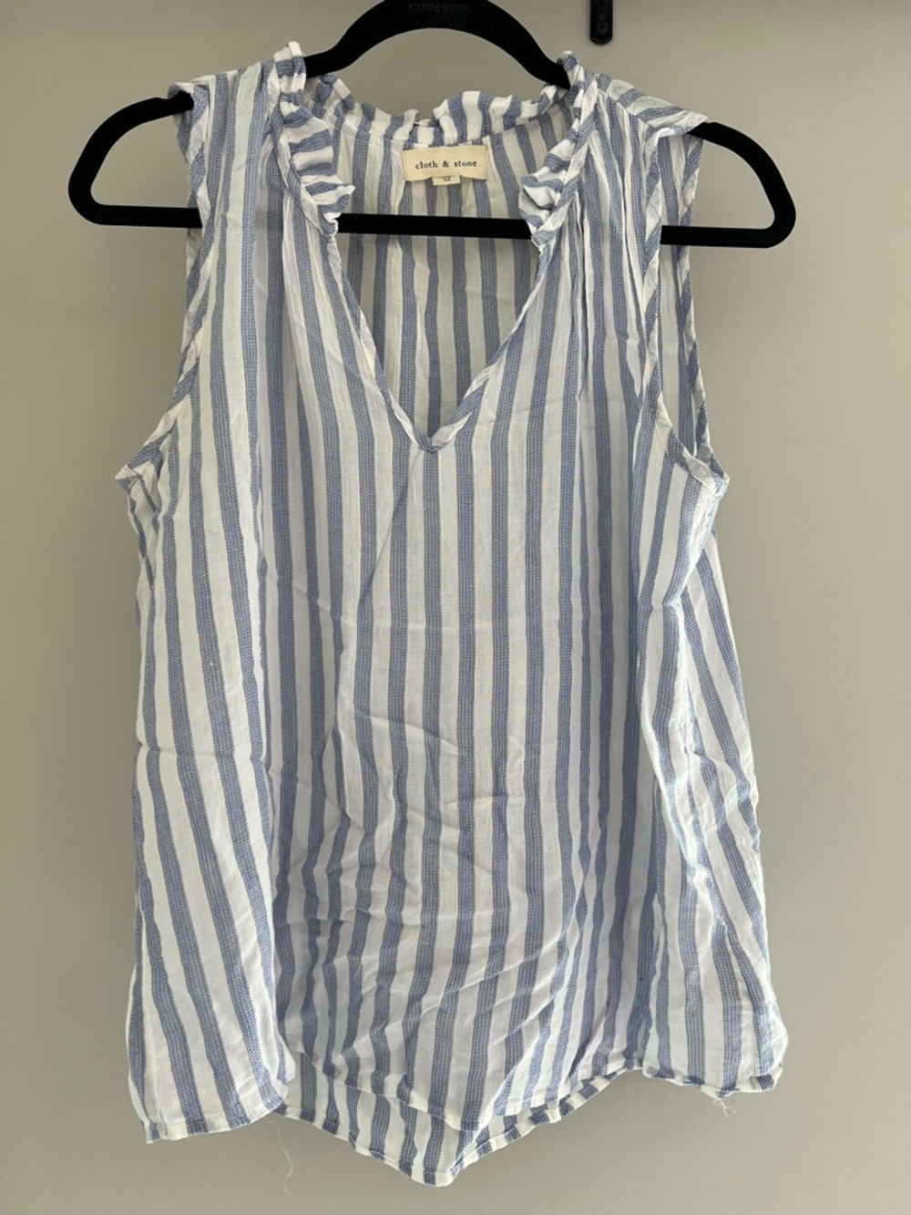 Anthropologie cloth & stone Blue and White Striped Ruffle V-Neck Tank
